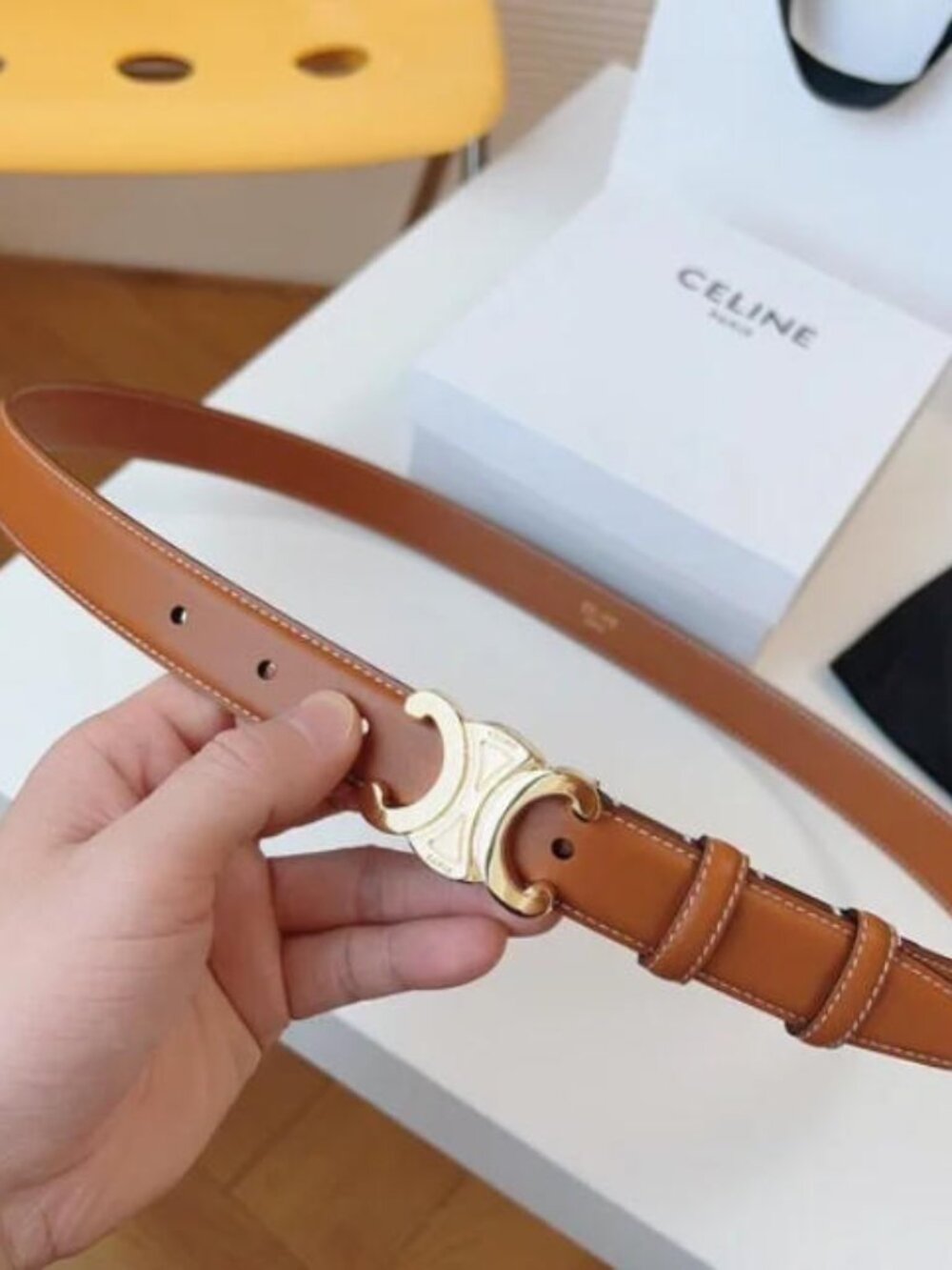 Celine Brown Leather Belt 90cm with Gold Triomphe Buckle - With Original Box
